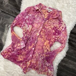 COLDWATER CREEK SHAPED SHEER PINK WATERCOLOR BUTTON DOWN COTTAGECORE ROMANTIC